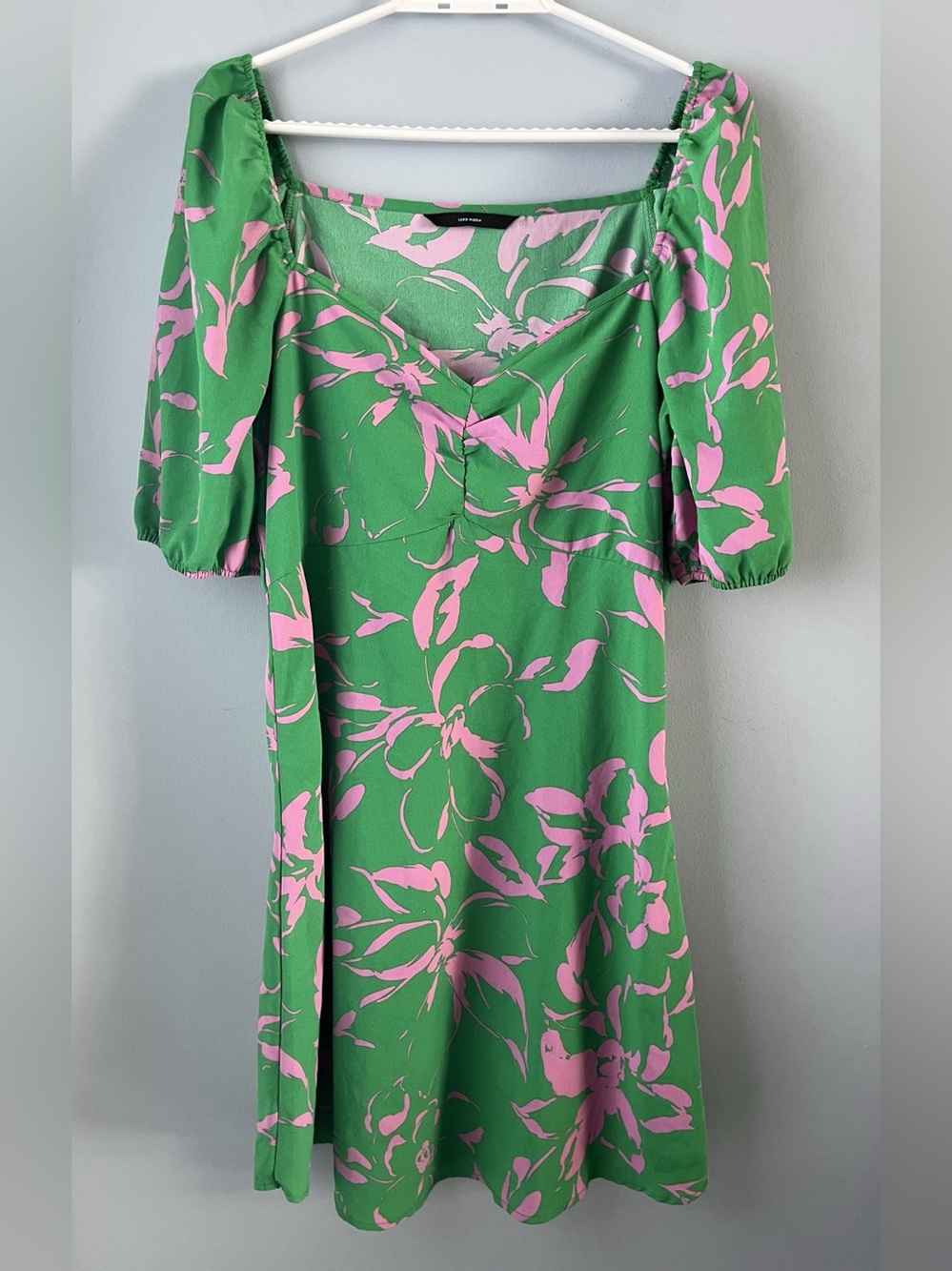 Vero Moda Green & Pink VMNYN CATCH 2/4 SHORT FLARE DRESS WVN Floral Midi Dress